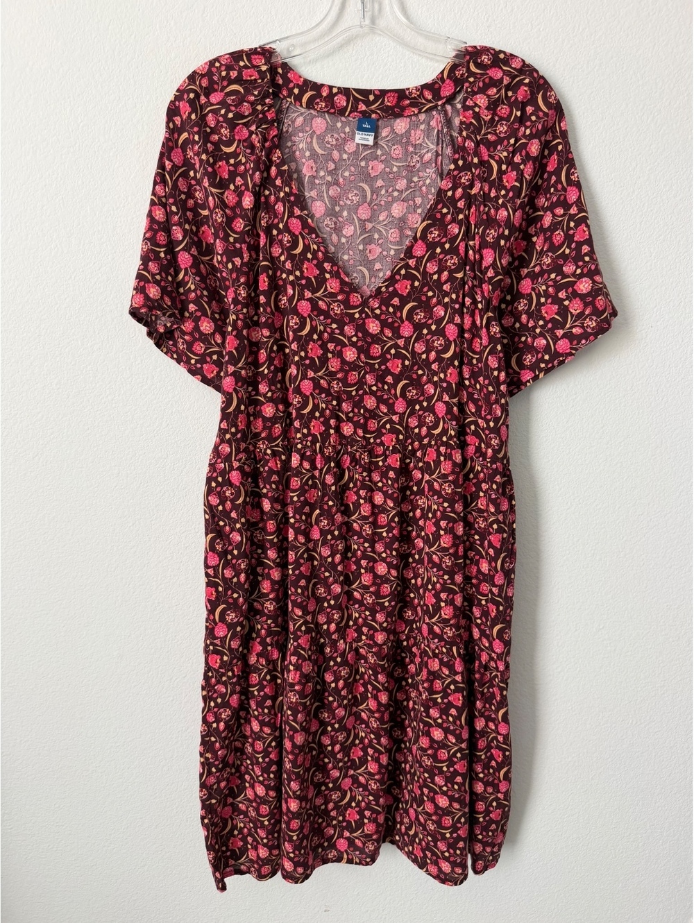 Old Navy Short Sleeve V-Neck Burgundy Floral Cotton Blend Dress Size L tall